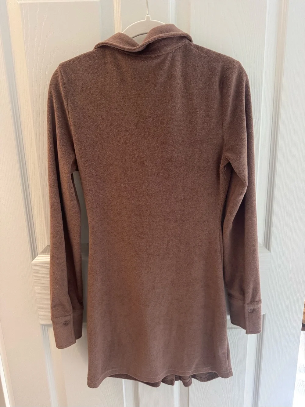 Bittersweet Boutique Ruched Button-Front Long Sleeve Mini Dress in Brown
